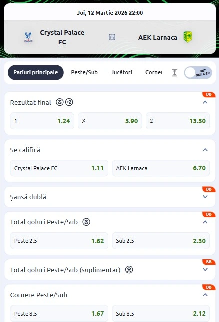 Cote pariuri Crystal Palace - AEK Larnaca