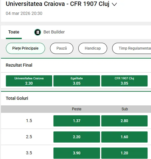 Cum arată cotele la Unibet pentru Craiova - CFR Cluj