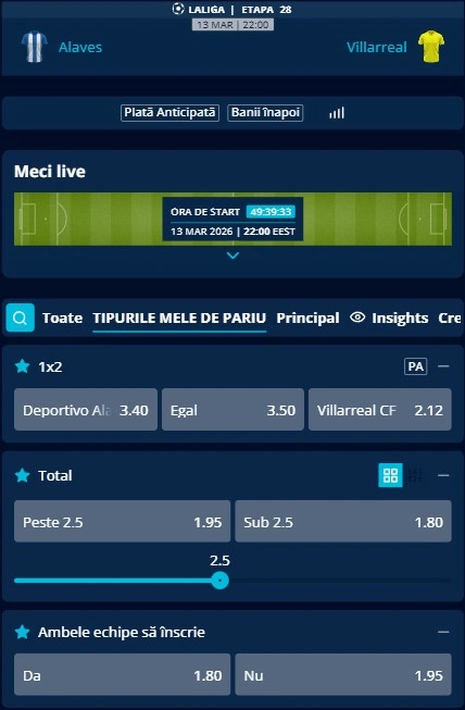 Cote pariuri Deportivo Alaves - Villarreal