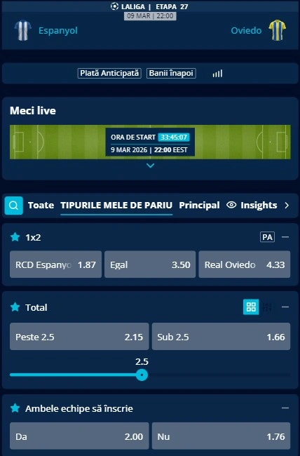 Cote pariuri Espanyol - Real Oviedo