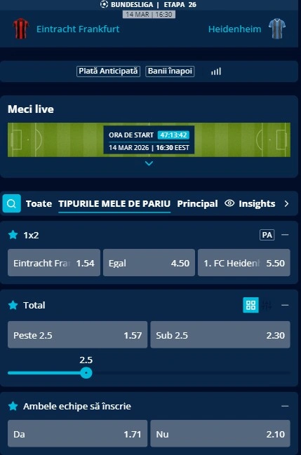 Cote pariuri Frankfurt - Heidenheim