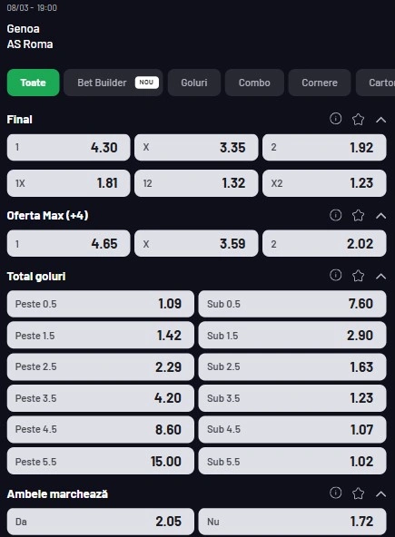 Cote pariuri Genoa vs AS Roma