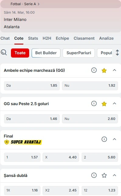Cote pariuri Inter Milan vs Atalanta