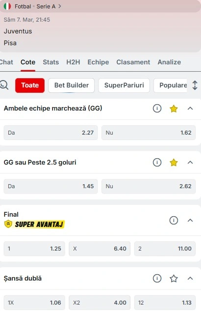 Cote pariuri Juventus - Pisa