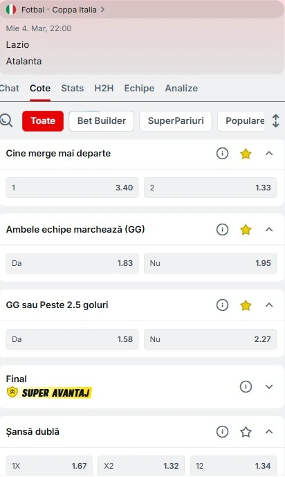 Cote pariuri Lazio - Atalanta