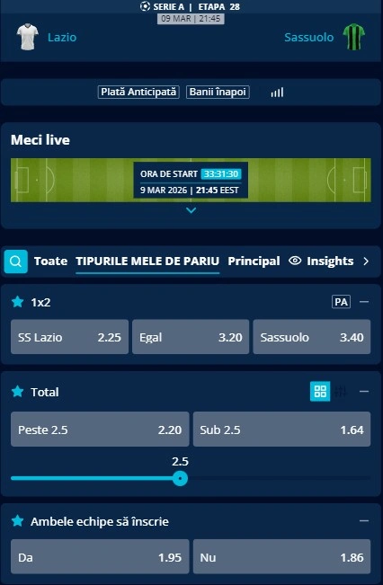 Cote pariuri Lazio vs Sassuolo