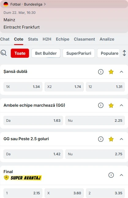 Cote pariuri Mainz vs Frankfurt