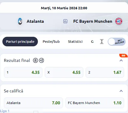 Oferta de cote la pariuri Atalanta - Bayern la Betano