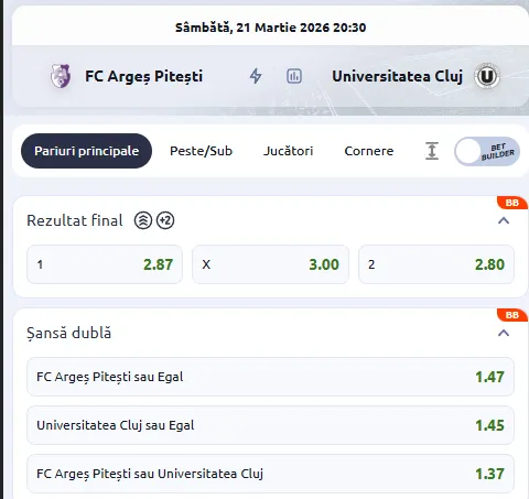 Oferta de cote pariuri FC Argeș - U Cluj la Betano