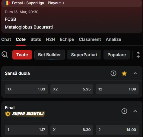 Oferta de cote pariuri FCSB - Metaloglobus la Superbet