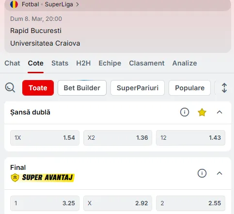 Oferta de cote pariuri Rapid - Universitatea Craiova la Superbet
