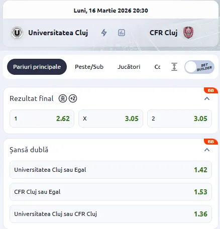 Oferta de cote pariuri U Cluj vs CFR Cluj la Betano
