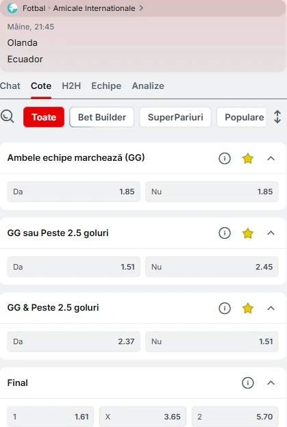 Cote pariuri Olanda vs Ecuador