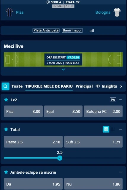 Cote pariuri Pisa vs Bologna