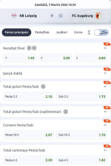 Cote pariuri RB Leipzig - FC Augsburg