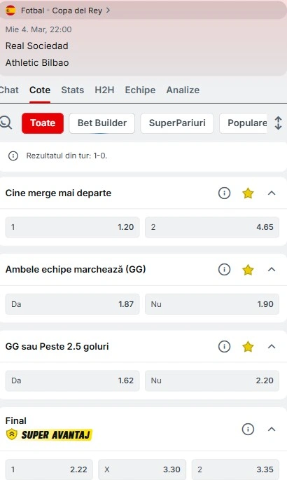 Cote pariuri Real Sociedad - Athletic Bilbao
