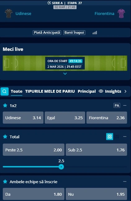 Cote pariuri Udinese - Fiorentina