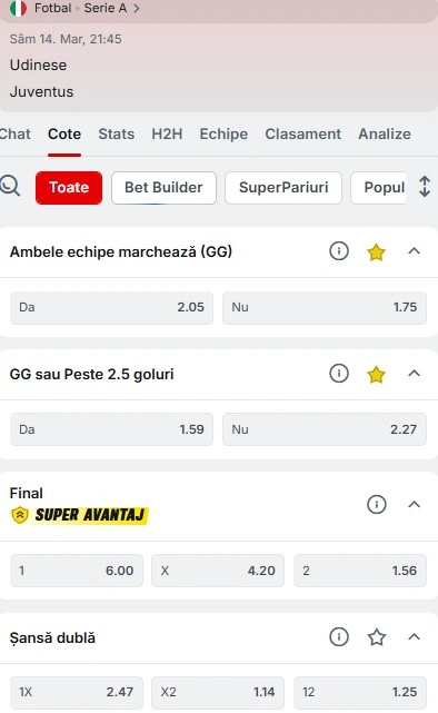 Cote pariuri Udinese vs Juventus