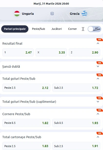 Cote pariuri Ungaria - Grecia