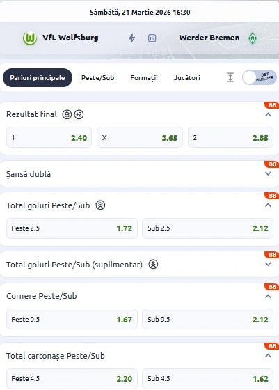 Cote pariuri Wolfsburg - Bremen