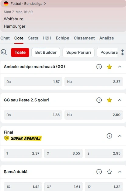 Cote pariuri Wolfsburg vs Hamburger SV