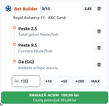 Antwerp vs Genk, Bet Builder in cota 3.85