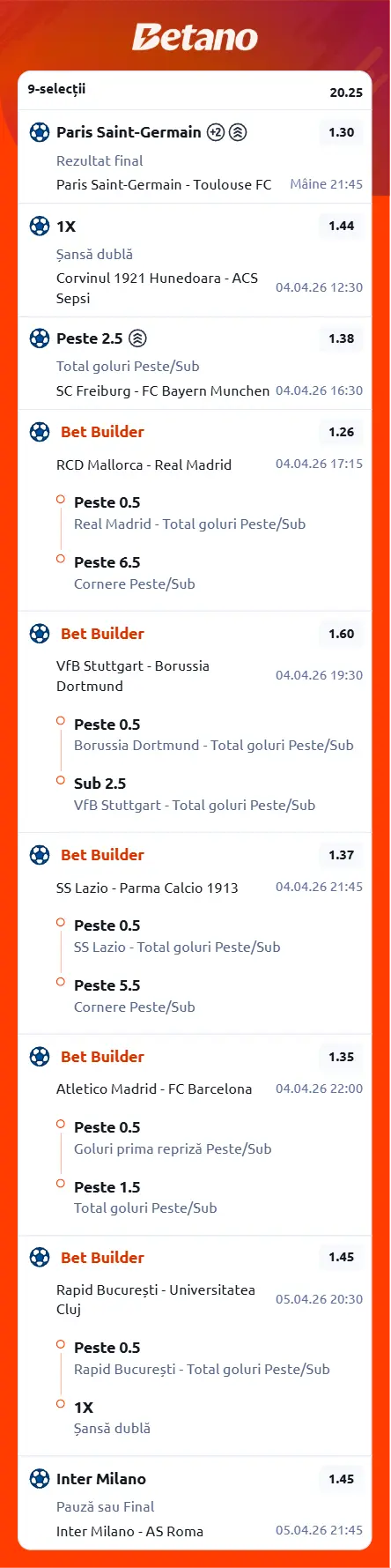 Bilet de weekend la Betano în cotă mare. Mizăm pe favorite, goluri și cornere, 03-05.04.2026