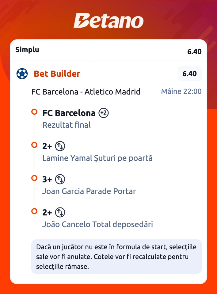 Biletul zilei la Betano, 8 aprilie 2026. Mizăm pe o cotă de 6.40 la Barcelona vs Atletico Madrid