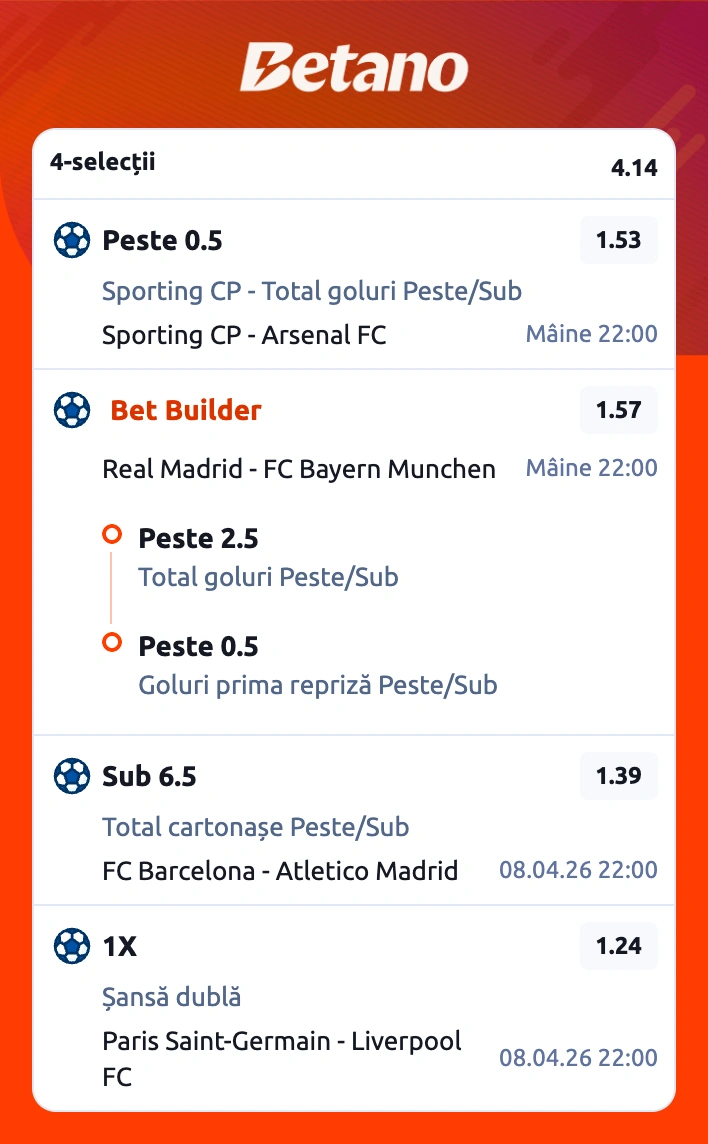 Biletul zilei la Betano pe sferturile Champions League, 7-8 aprilie 2026