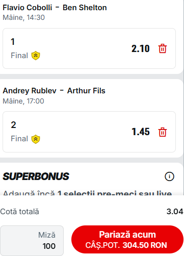 Biletul zilei tenis 19 aprilie 2026