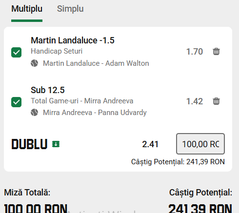 Biletul zilei tenis 23 aprilie 2026