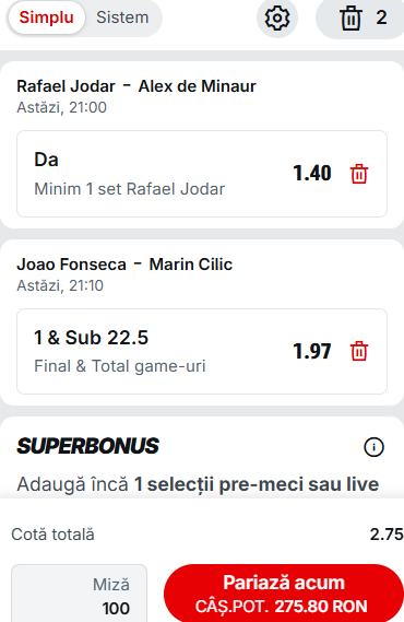 Biletul zilei tenis 24 aprilie 2026