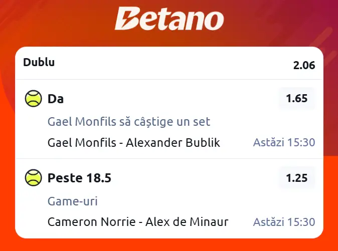 Cota 2 ATP Monte Carlo 2026 Masters la Betano - francezul poate produce surpriza, iar partida dintre australian și britanic rămâne deschisă oricărui rezultat