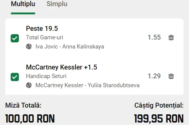 Cota 2 WTA Charleston 2026 Open la Unibet - echilibru la Jovic vs Kalinskaya și minim un set pe Kessler