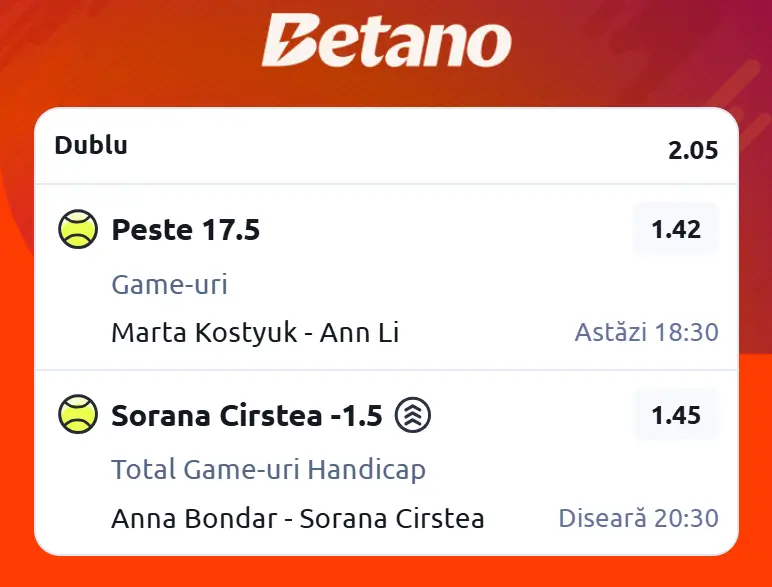 Cota 2 WTA la Betano - Marta Kostyuk și Sorana Cîrstea pornesc cu prima șansă în „sferturile” Rouen 2026 Open