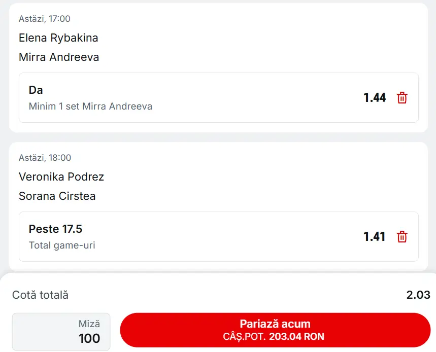 Cota 2 WTA la Superbet - mizăm pe forma de moment a rusoaicei și pe plusul de experiență al româncei