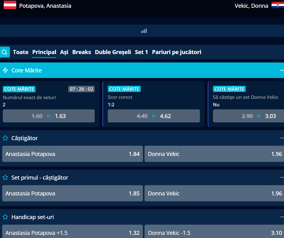Cote Pariuri Anastasia Potapova vs Donna Vekic
