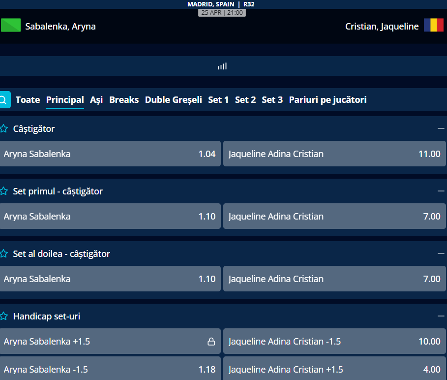 Cote Pariuri Aryna Sabalenka vs Jaqueline Cristian