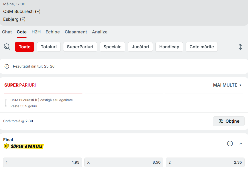 Cote Pariuri CSM București vs Esbjerg