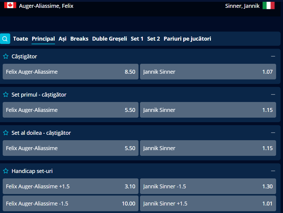 Cote Pariuri Felix Auger-Aliassime vs Jannik Sinner