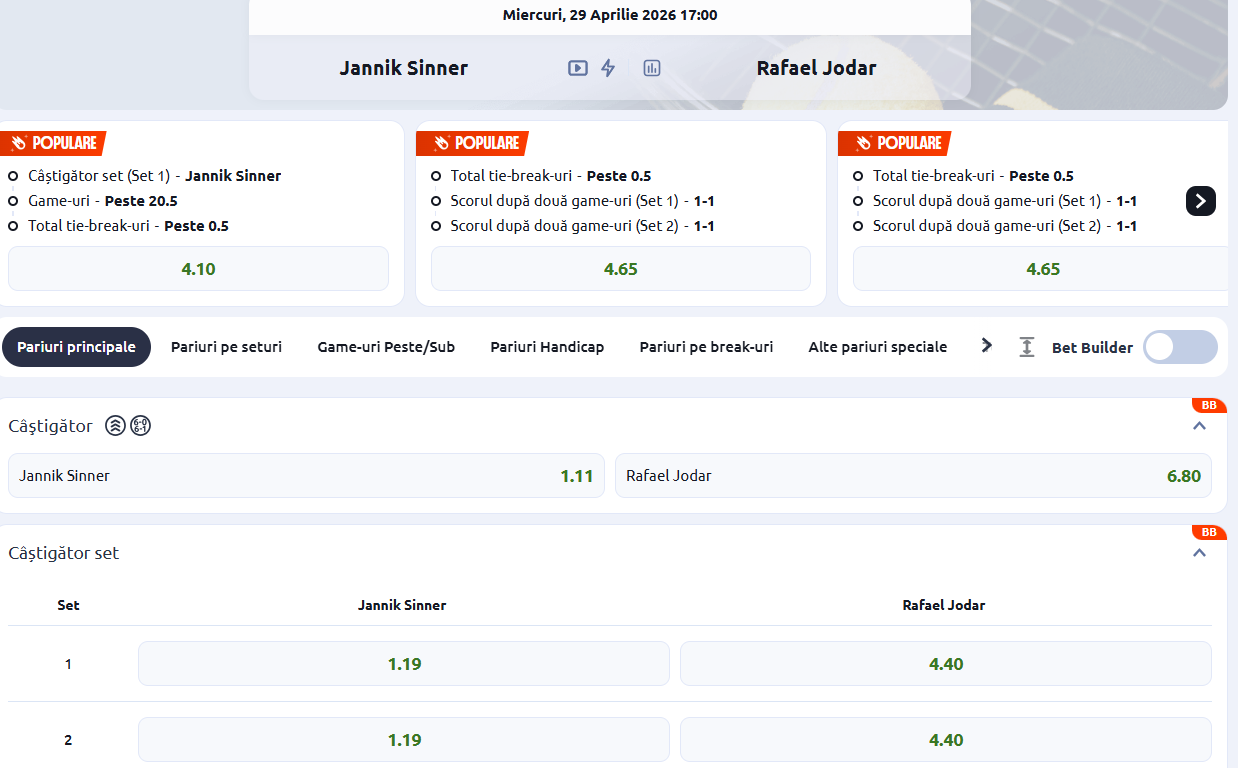 Cote Pariuri Jannik Sinner vs Rafael Jodar