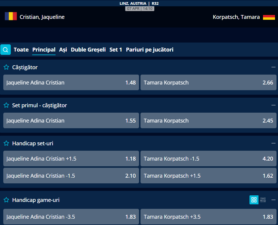 Cote Pariuri Jaqueline Cristian vs Tamara Korpatsch