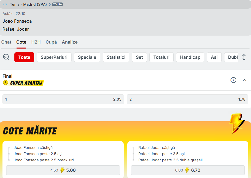 Cote Pariuri Joao Fonseca vs Rafael Jodar
