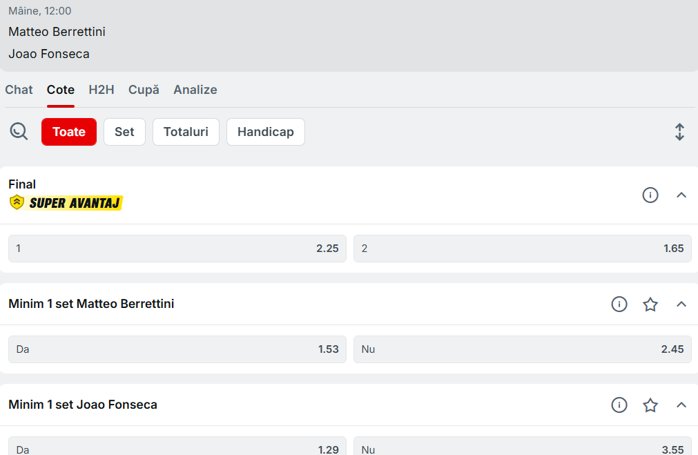 Cote Pariuri Matteo Berrettini vs Joao Fonseca