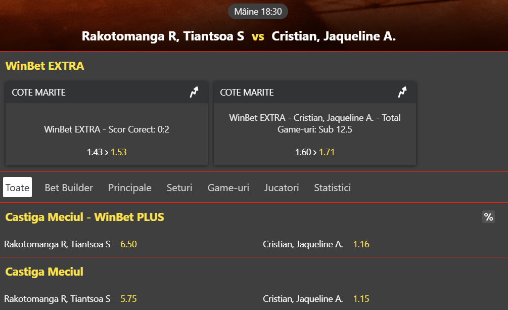 Cote Pariuri Sarah Rakotomanga vs Jaqueline Cristian