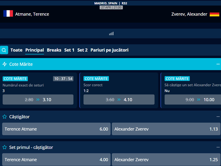 Cote Pariuri Terence Atmane vs Alexander Zverev
