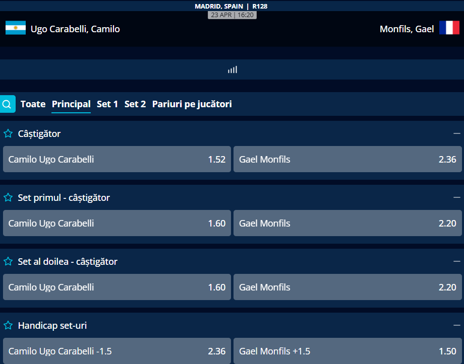 Cote Pariuri Ugo Carabelli vs Gael Monfils