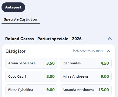 Cote pariuri Betano French Open 2026 la feminin