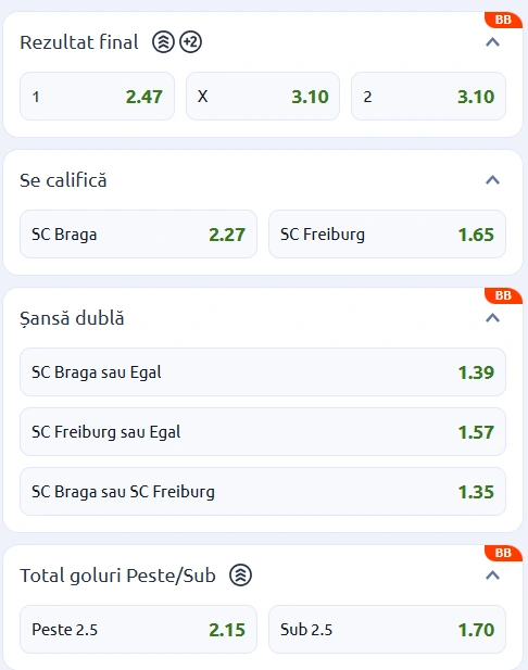 Cote pariuri Braga vs Freiburg la Betano