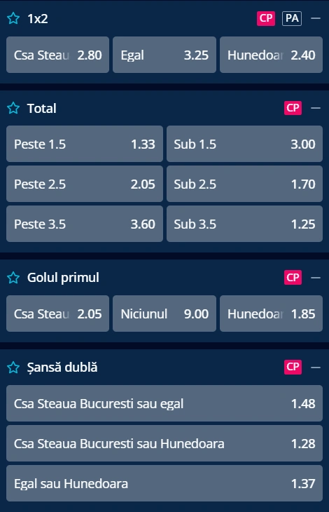 Cote pariuri CSA Steaua vs Corvinul Hunedoara la Mr Bit